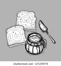 food jam jar bread knife butter drawing graphic illustrate objects