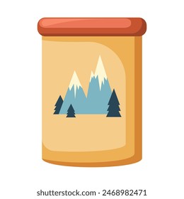 The food jar, with a twist top, has a sticker with a picture of mountains and a forest. Vector illustration of a can for camping food, in flat style, isolated on a white background
