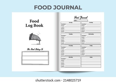 Food journal interior. Daily meal habit tracker and food information checker template. Interior of a logbook. Food scheduling and daily meal planner notebook interior. Weekly food info tracker.