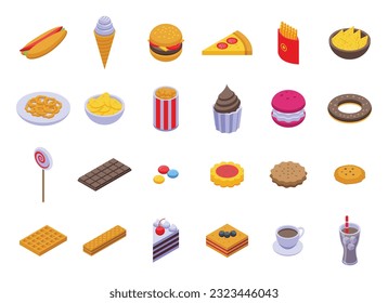 Food junk icons set isometric vector. Fast snack. Burger popcorn