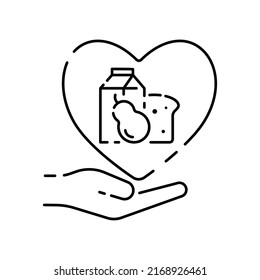 Food justice. Volunteer organization poor. Food insecurity. Global food crisis world line icon. Grain, wheat or cornflour. Hunger, poverty and famine. Help market price 