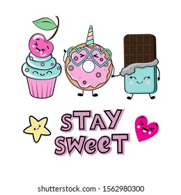 Food in kawaii style cake, donut unicorn and chocolate on a white background