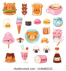 Food kawaii vector cartoon bear expression characters of fastfood hamburger with icecream or doughnut emoticon illustration set of burger emotion and coffee emoji isolated on white background