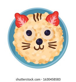 Food for Kids Arranged in Shape of Cat Muzzle Top View Vector Illustration