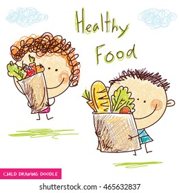 Food Kids Healthy Fun Crayon Drawing Children's Artwork Precious Vector Image Food Kids Healthy Fun Crayon Drawing Color Happy Colour Cute Kid Friendship Colourful Colorful Green Youth Smiling Son Art