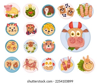 Food for Kids on Plates Serving Ideas Top View Big Vector Set