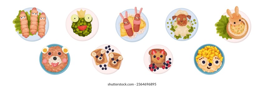 Food for Kids on Plates Serving Ideas Top View Vector Set