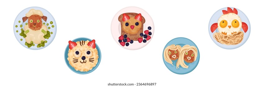 Food for Kids on Plates Serving Ideas Top View Vector Set