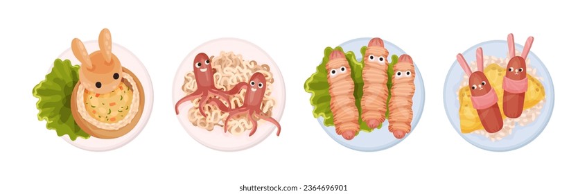 Food for Kids on Plates Serving Ideas Top View Vector Set