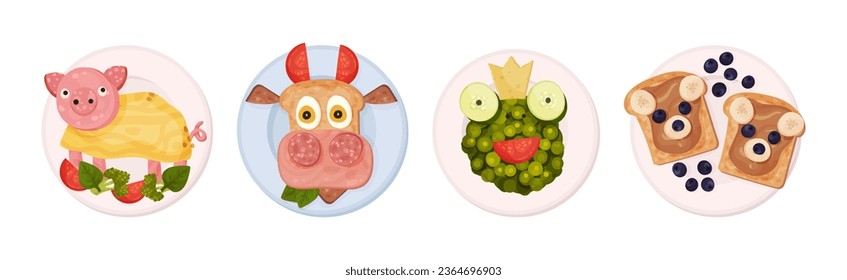 Food for Kids on Plates Serving Ideas Top View Vector Set