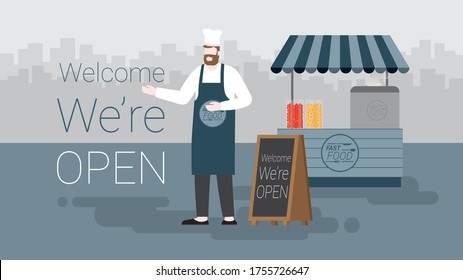 Food kiosk. Small business owner. Beard man wearing apron standing in front of shop with we're open blackboard sidewalk sign for welcome customer.  Modern and minimal style design illustration.