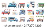 Food kiosk and trucks. Van cars and tents for farm market, city festival or street entertainment. Bakery ice cream and burgers, pizza, recent vector elements