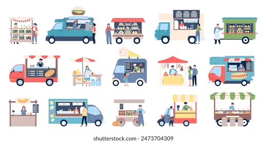 Food kiosk and trucks. Van cars and tents for farm market, city festival or street entertainment. Bakery ice cream and burgers, pizza, recent vector elements