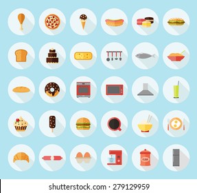 Food, kitchen appliances and kitchenware flat design icons set 