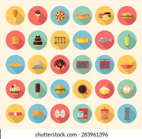 Food, kitchen appliances and kitchenware flat design icons set