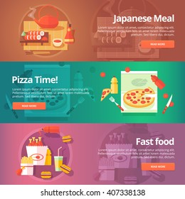 Food and kitchen banners set. Flat illustrations on the theme of japanese sushi, pizza time, fast food. Vector design concepts.