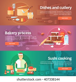 Food and kitchen banners set. Flat illustrations on the theme of dishes and cutlery, bakery process, sushi cooking. Vector design concepts.