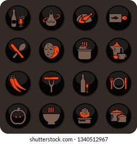 Food and kitchen color vector icons on dark background for user interface design