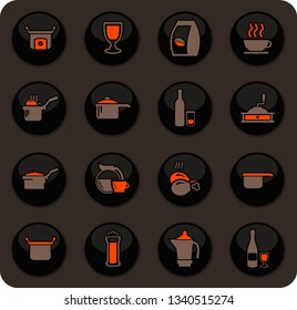 Food and kitchen color vector icons on dark background for user interface design