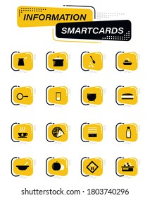 Food and kitchen color vector icons on information smart cards for user interface design