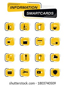 Food and kitchen color vector icons on information smart cards for user interface design