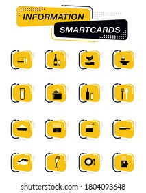 Food and kitchen color vector icons on information smart cards for user interface design