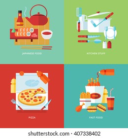 Food and kitchen concept illustration. Japanese sushi cuisine, tableware, pizza. Fast food. Cooking meal. Flat vector design banners.