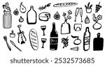 Food and kitchen doodle set, wine, glasses, drawings of fruits and bread. Cafe illustrations collection, drawn by hand.