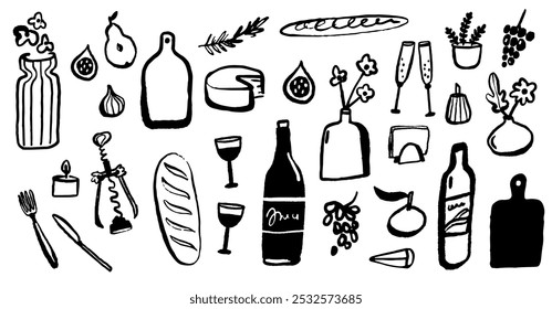 Food and kitchen doodle set, wine, glasses, drawings of fruits and bread. Cafe illustrations collection, drawn by hand.