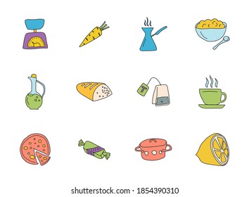 food and kitchen doodles isolated on white. food and kitchen icon set for web design, user interface, mobile apps and print