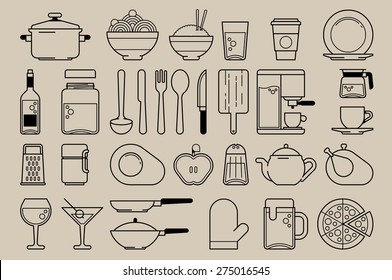 food and kitchen elements, vector line icons
