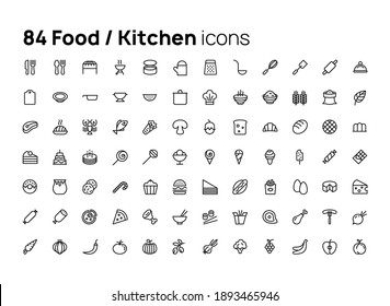 Food, kitchen. High quality concepts of linear minimalistic flat vector icons set for web sites, interface of mobile applications and design of printed products.