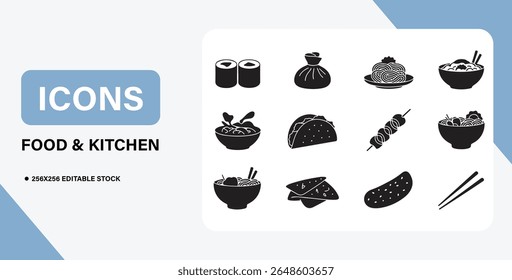 Food and Kitchen Icon Bundle – Cooking, Utensils, Meals, and Culinary Symbols