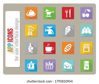 food and kitchen icons set in flat design with long shadow