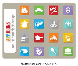 food and kitchen icons set in flat design with long shadow