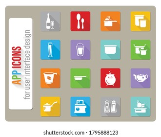 food and kitchen icons set in flat design with long shadow