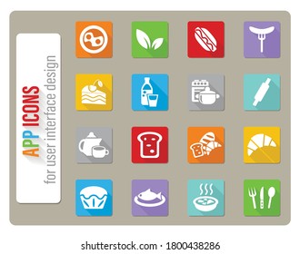 food and kitchen icons set in flat design with long shadow