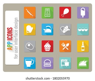 Food and kitchen icons set in flat design with long shadow