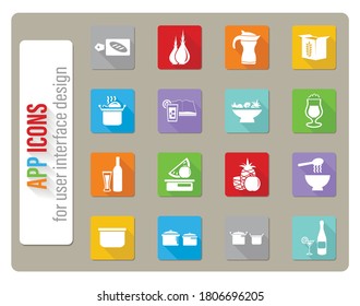 food and kitchen icons set in flat design with long shadow