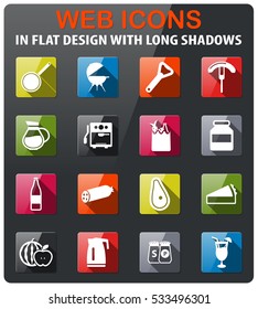 Food and kitchen icons set in flat design with long shadow
