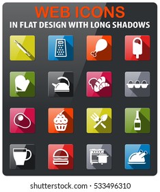 Food and kitchen icons set in flat design with long shadow