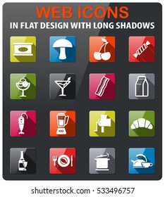 Food and kitchen icons set in flat design with long shadow