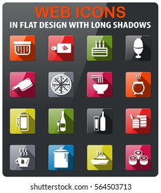 food and kitchen icons set in flat design with long shadow
