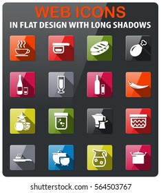 food and kitchen icons set in flat design with long shadow