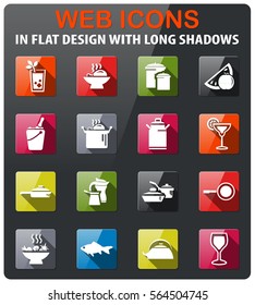 food and kitchen icons set in flat design with long shadow