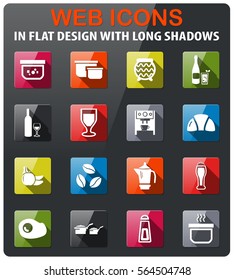 food and kitchen icons set in flat design with long shadow