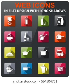 food and kitchen icons set in flat design with long shadow