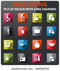food and kitchen icons set in flat design with long shadow