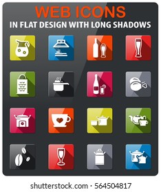 food and kitchen icons set in flat design with long shadow