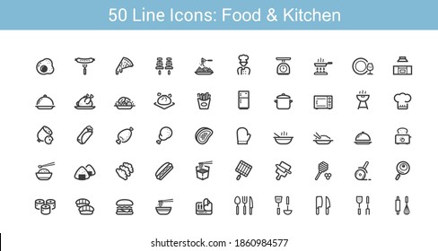 Conjunto de iconos de la línea de cocina y comida